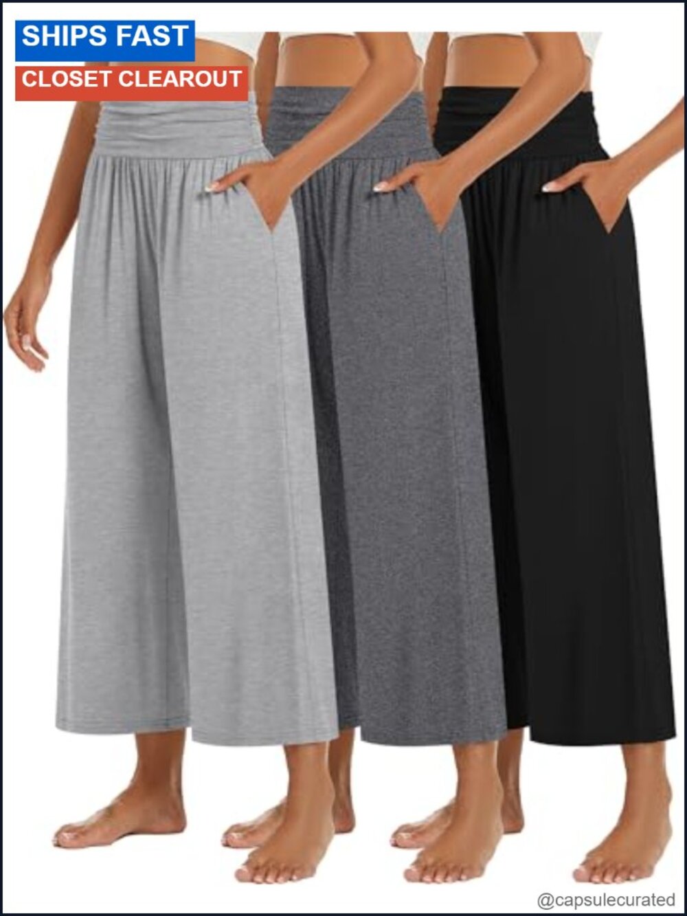 Wide Leg Capri Pants High Waist Pleated Palazzo 3 Pack